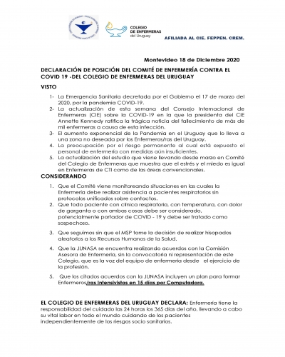 DECLARACIÓN DE POSICIÓN DEL COMITÉ DE ENFERMERÍA CONTRA EL COVID 19 -DEL COLEGIO DE ENFERMERAS DEL URUGUAY