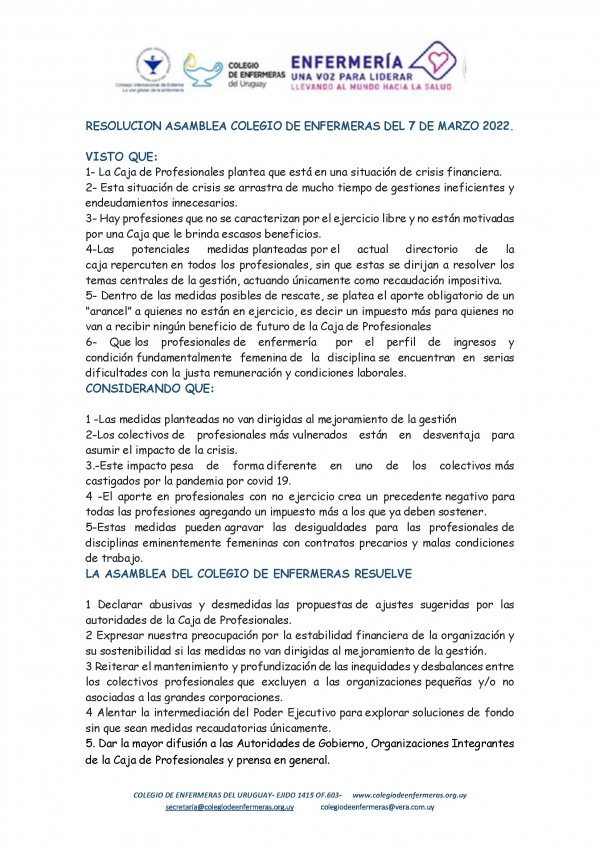 RESOLUCION ASAMBLEA COLEGIO DE ENFERMERAS DEL 7 DE MARZO 2022.